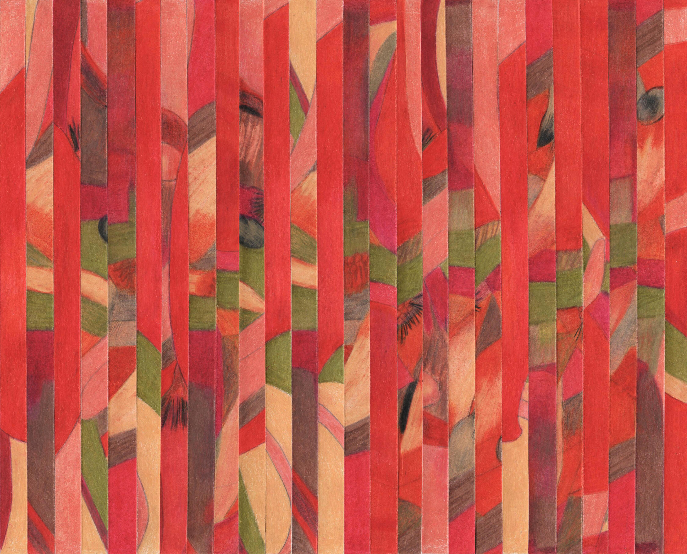 Collage - dessin aux crayons de couleur- flamboyant - rouge - blazing - red - maureenlasne- collageartist- marbre-marmor-colaj-colageartist-coloredpencils