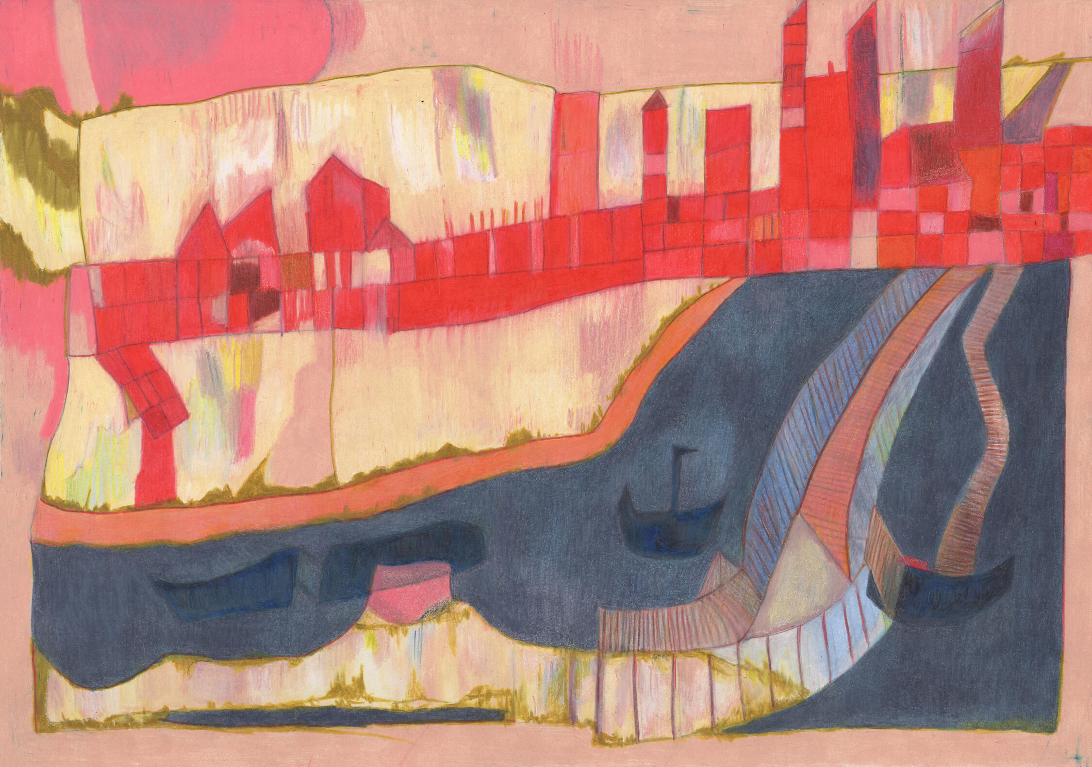 dessin au crayon de couleur très vif de barques japonaises. Il est inspiré de celui d'un pensionnaire d'hôpital psychiatrique au Japon faisant donc de l'art brut.