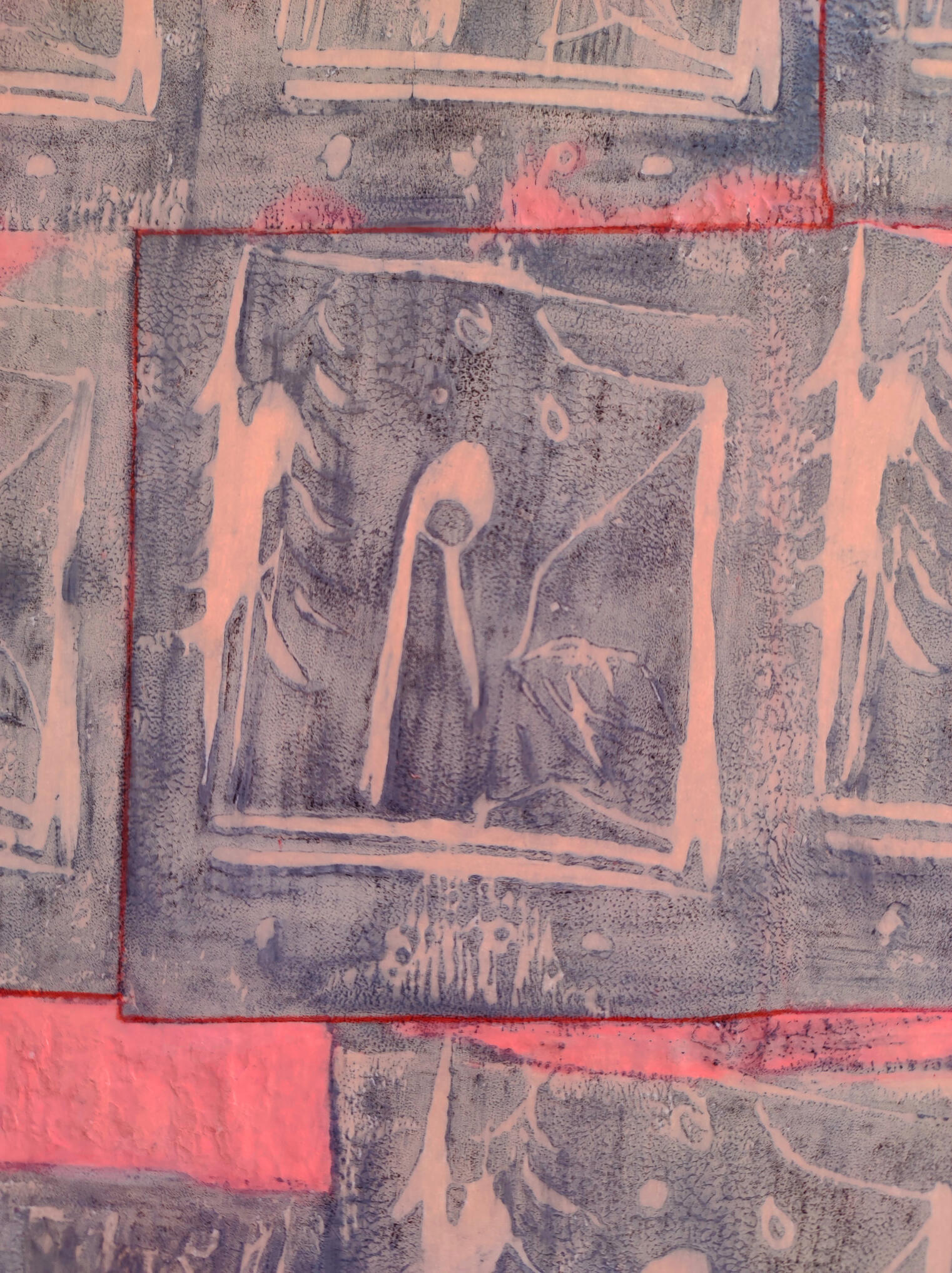 Palimpseste 1 Motifs faits au tampon passé à l'encre noir, puis recouvert de crayon de couleur après séchage. Le papier du fond a aussi été travaillé entre les tampons avec la technique de l'embossage.