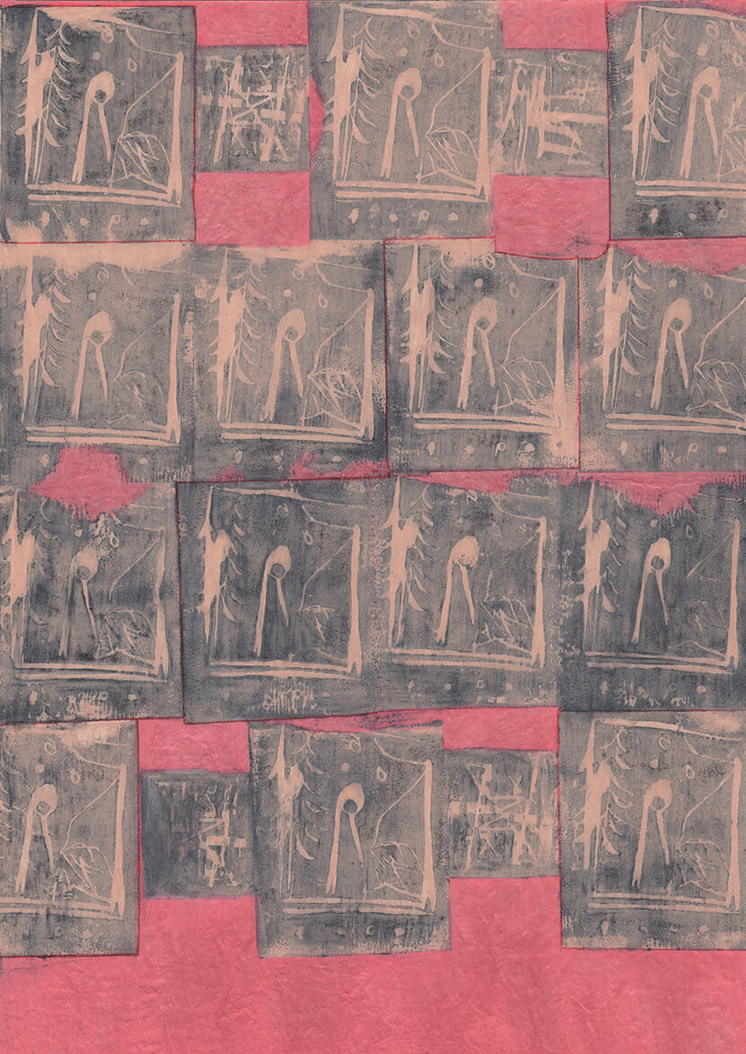 Motifs faits au tampon passé à l'encre noir, puis recouvert de crayon de couleur après séchage. Le papier du fond a aussi été travaillé entre les tampons avec la technique de l'embossage.